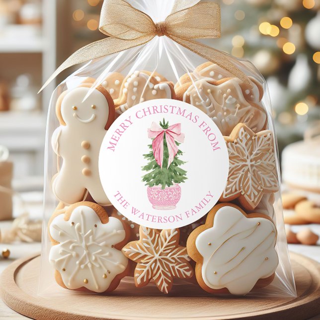 Pink Bow Ginger Jar Christmas Tree Gift Classic Round Sticker (Creator Uploaded)