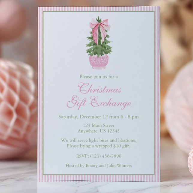 Pink Bow Ginger Jar Christmas Tree Party Invitation (Creator Uploaded)