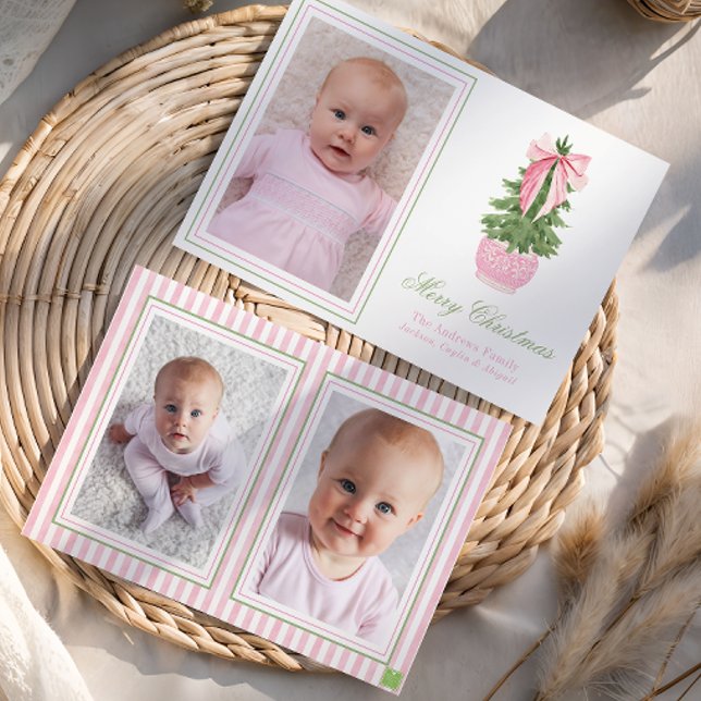 Pink Bow Ginger Jar Christmas Tree Photo Holiday Card (Creator Uploaded)