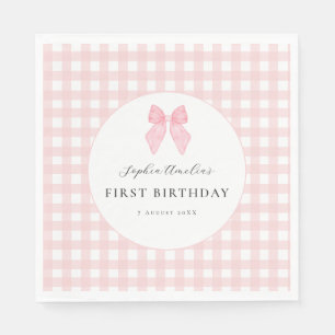 Pink Bow Gingham 1st Birthday Paper Napkins