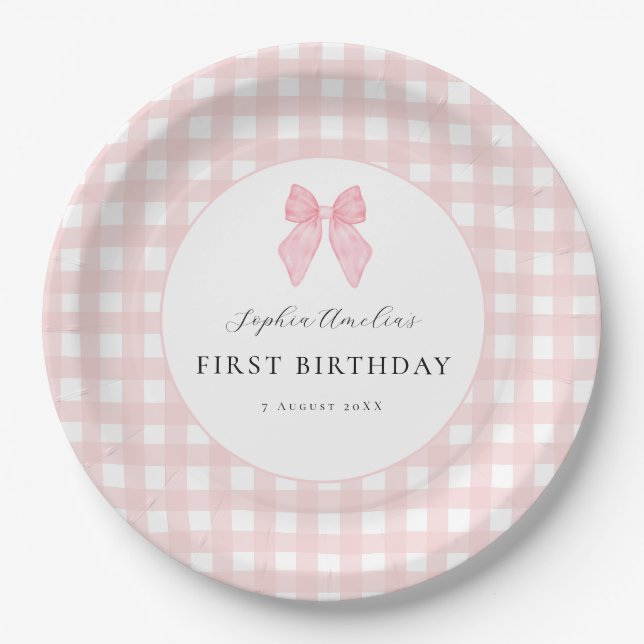 Pink Bow Gingham 1st Birthday Paper Plates (Front)