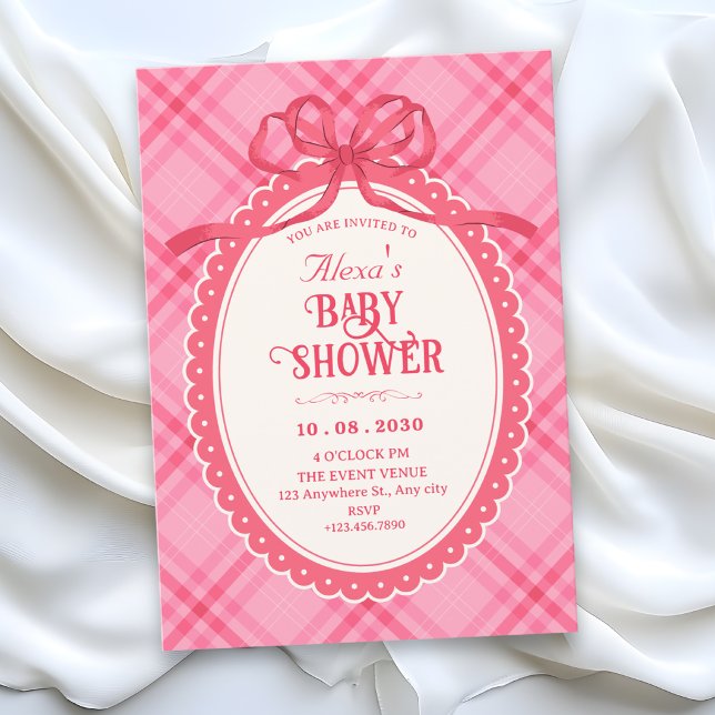 Pink bow gingham baby shower invitation (Creator Uploaded)