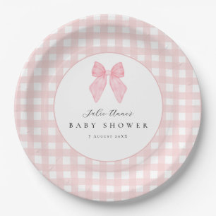 Pink Bow Gingham Baby Shower Paper Plates