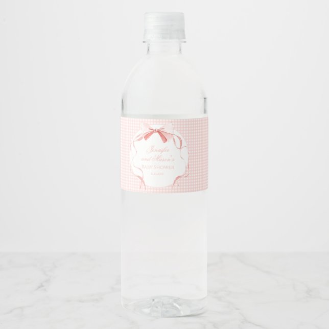 Pink bow gingham baby shower water bottle labels (Front)