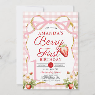 Pink Bow Gingham Berry First Strawberry Birthday Invitation