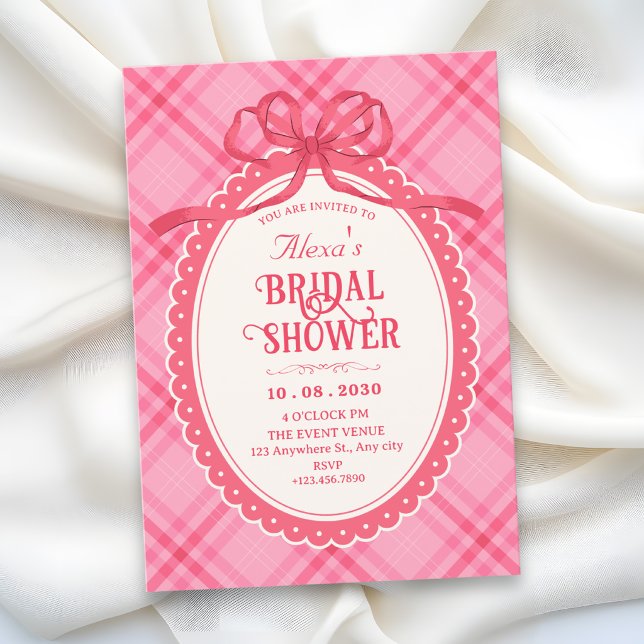 Pink bow gingham bridal shower invitation (Creator Uploaded)