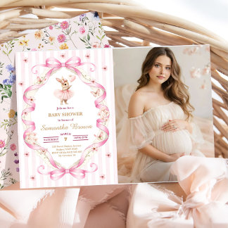 Pink Bow Gingham Bunny Baby Shower Invitation