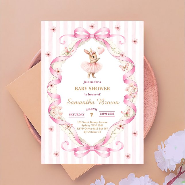  Pink Bow Gingham Bunny Baby Shower  Invitation (Creator Uploaded)