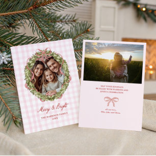 Pink Bow Gingham Christmas Wreath Photo Holiday Card