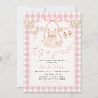 Pink Bow Gingham Daisy Clothesline I Invitation