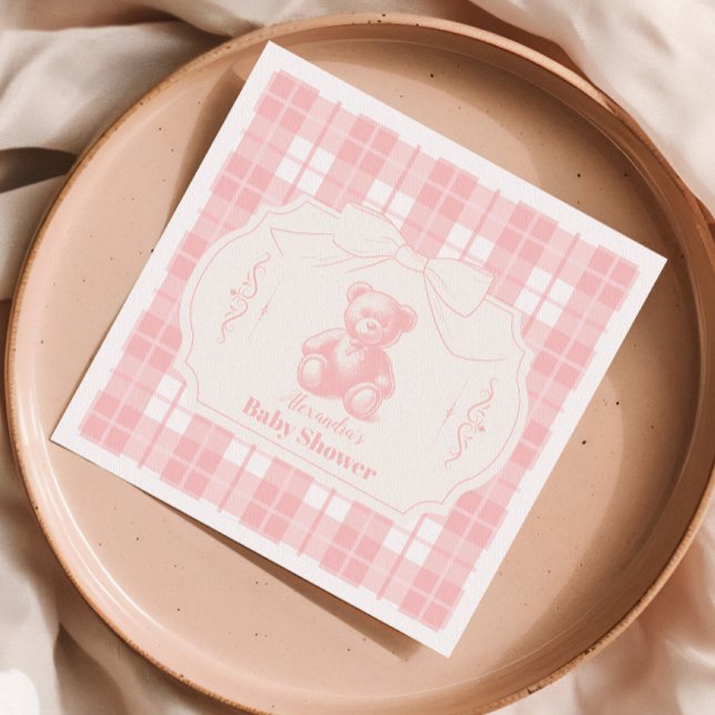 Pink Bow Gingham French Teddy Bear Baby Shower Napkin (Creator Uploaded)