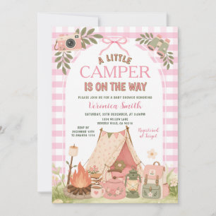 Pink Bow Gingham Girl Camping baby Shower Invitation