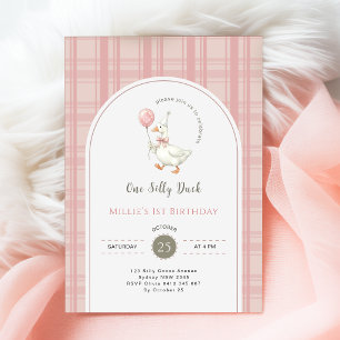 Pink Bow Gingham One Silly Duck 1st Birthday Party Invitation