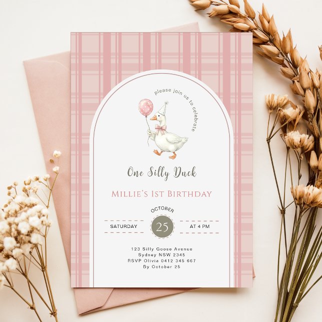 Pink Bow Gingham One Silly Duck 1st Birthday Party Invitation (Creator Uploaded)