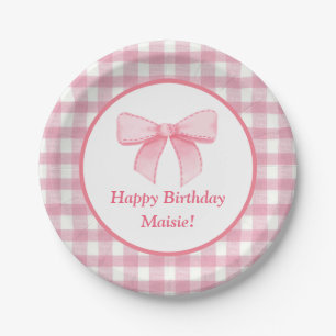 Pink Bow Gingham Paper Plate