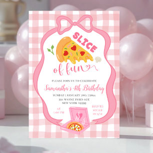 Pink Bow Gingham Slice of Fun pizza birthday  Invitation