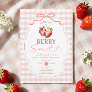  Pink Bow Gingham Strawberry Baby Shower Invitation