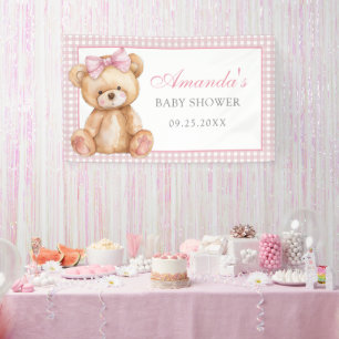 Pink Bow Gingham Teddy Bear Baby Shower Banner