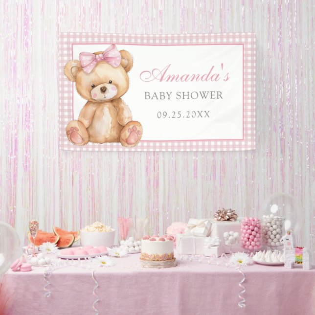 Pink Bow Gingham Teddy Bear Baby Shower Banner (Party)