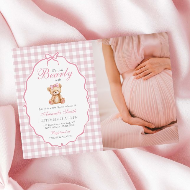 Pink Bow Gingham Teddy Bear Baby Shower Photo Invitation (Creator Uploaded)