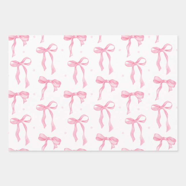 Pink Bow & Gingham Watercolor Wrapping Paper Set (Front)