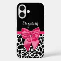 Pink Bow Giraffe Animal Print in Black and White