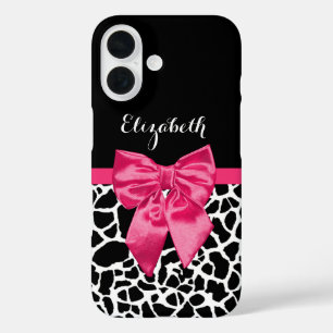 Pink Bow Giraffe Animal Print in Black and White iPhone 16 Case