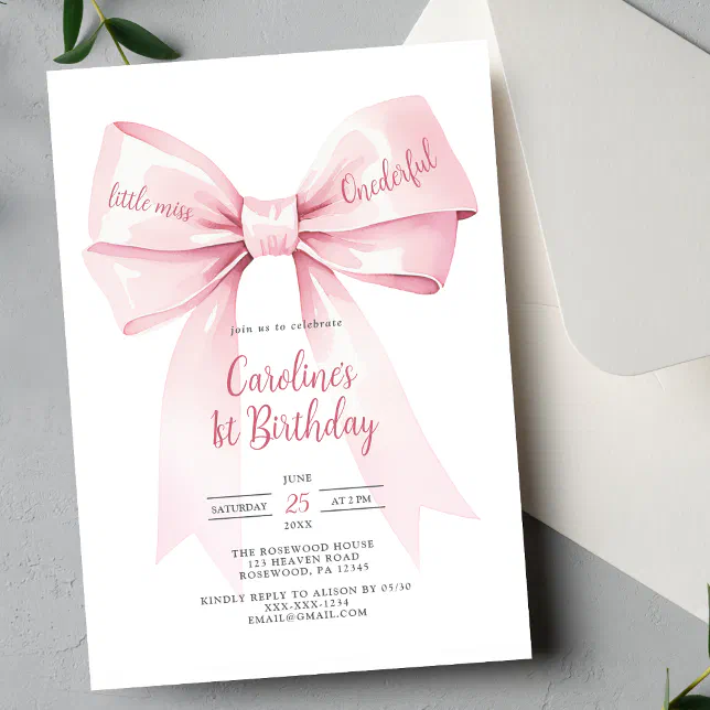Pink Bow Girl 1st Birthday Invitation | Zazzle