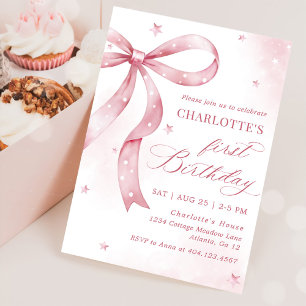 Pink Bow Girl 1st Birthday Party Invitation