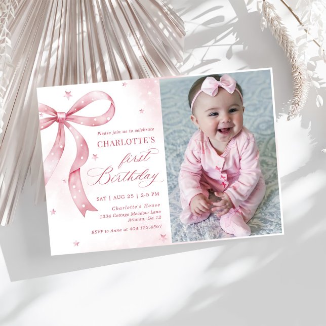 Pink Bow Girl 1st Birthday Party Photo Invitation (Creator Uploaded)