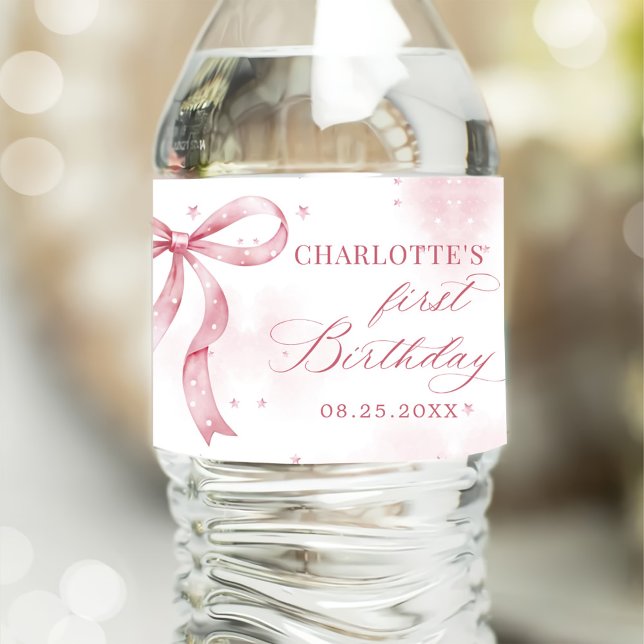 Pink Bow Girl 1st Birthday Party Water Bottle Label (Creator Uploaded)