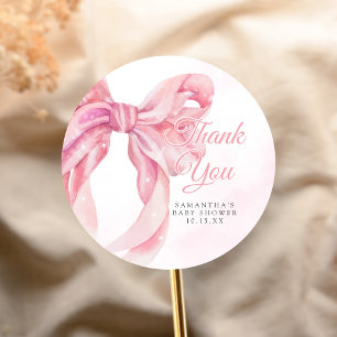 Pink Bow Girl Baby Shower Classic Round Sticker