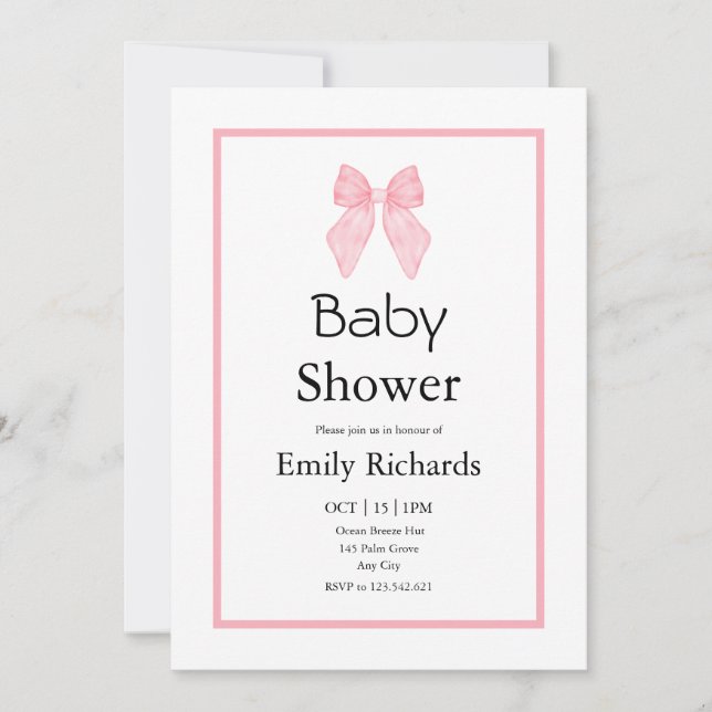 Pink Bow Girl Baby Shower  Invitation (Front)