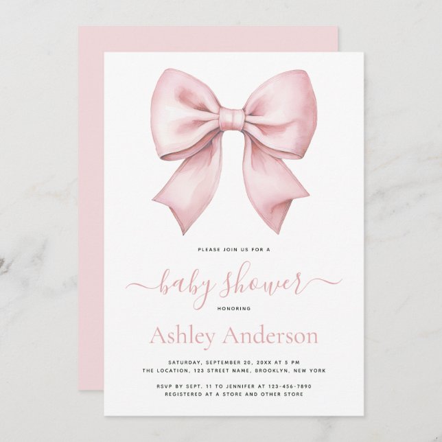 Pink Bow Girl Baby Shower Invitation (Front/Back)