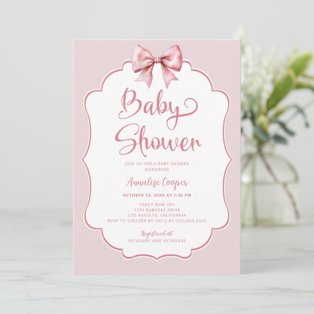 Pink Bow Girl Baby Shower Invitation (Standing Front)