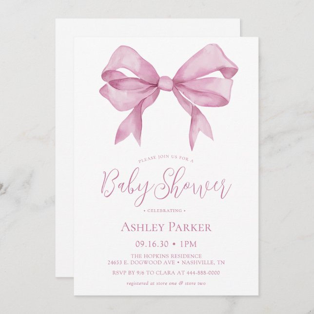 Pink Bow Girl Baby Shower Invitation (Front/Back)