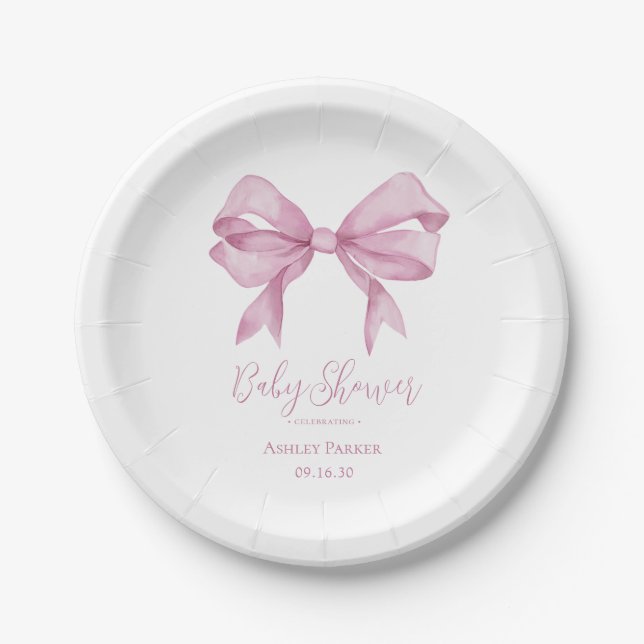 Pink Bow Girl Baby Shower Paper Plate (Front)