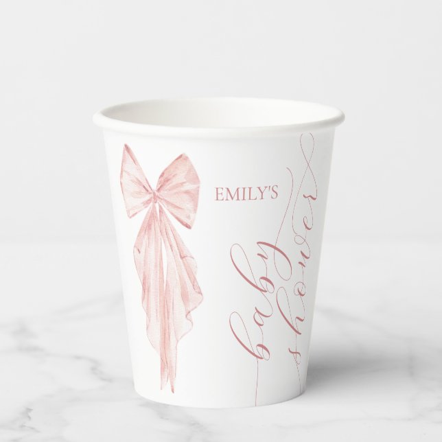 Pink Bow Girl Baby Shower Ribbon Minimal Paper Cups (Front)