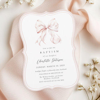 Pink Bow Girl Baptism Invitation