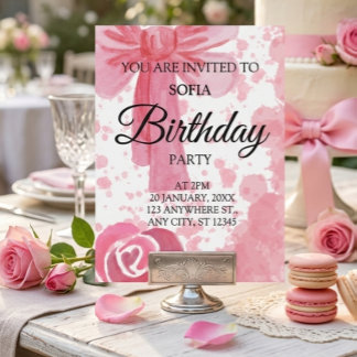 Pink Bow Girl Birthday Invitation