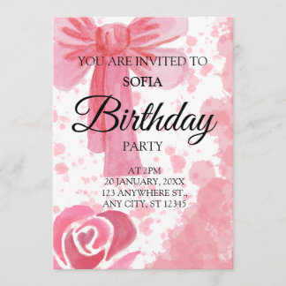 Pink Bow Girl Birthday Invitation