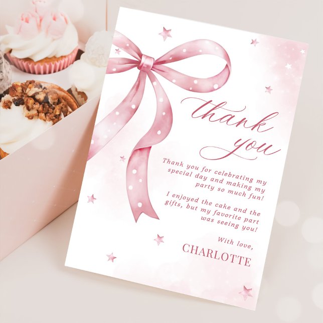 Pink Bow Girl Birthday Party Thank You Card (Creator Uploaded)
