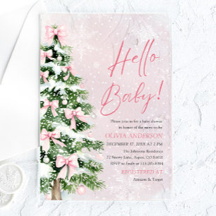 Pink Bow Girl Christmas Hello Baby Baby Shower Acrylic Invitations