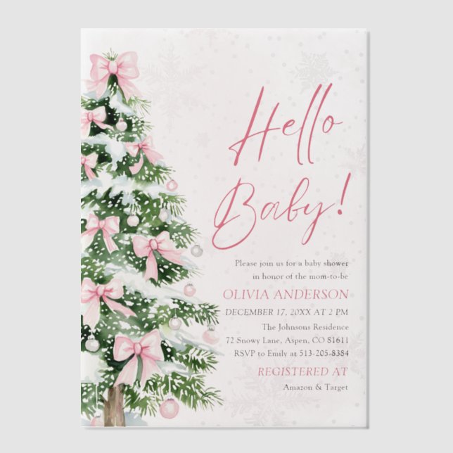 Pink Bow Girl Christmas Hello Baby Baby Shower Vellum Invitations (Front)