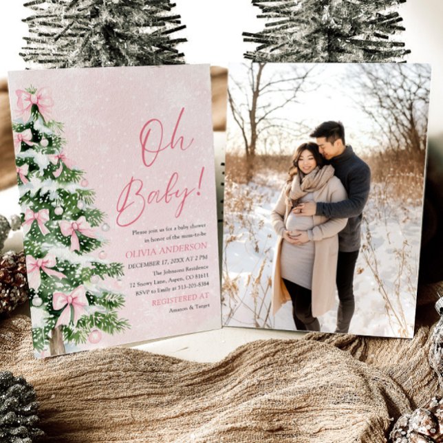 Pink Bow Girl Christmas Tree Oh Baby Baby Shower Invitation (Creator Uploaded)