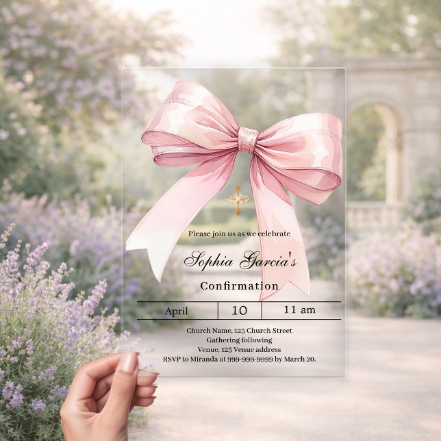 Pink bow girl clear Confirmation Acrylic Invitations (Creator Uploaded)