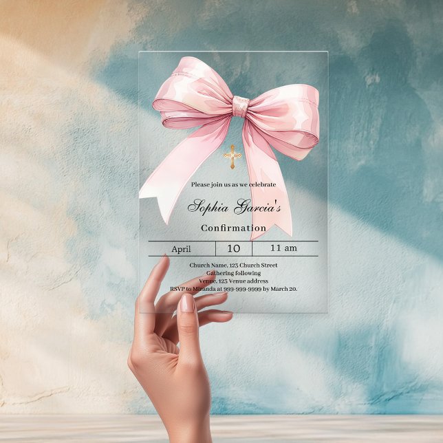 Pink bow girl clear Confirmation Acrylic Invitations (Creator Uploaded)