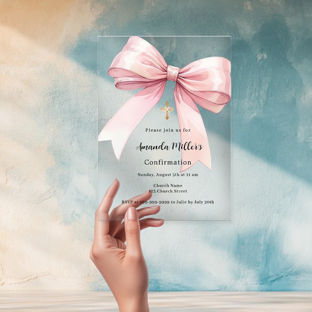 Pink bow girl clear Confirmation Acrylic Invitations (Creator Uploaded)