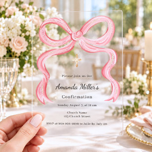 Pink bow girl clear luxury Confirmation Acrylic Invitations