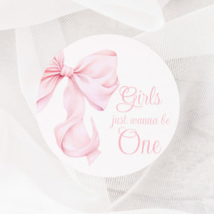 Pink Bow Girl First Birthday Classic Round Sticker